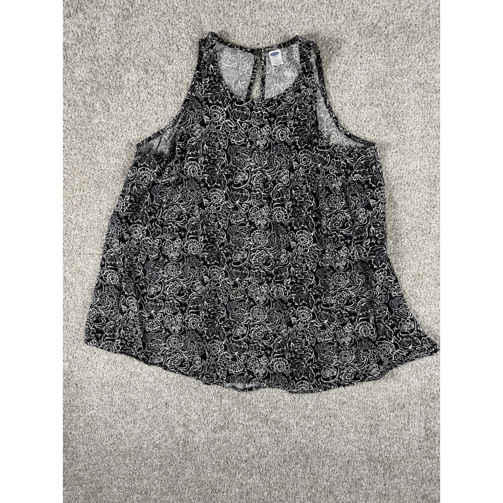 Old Navy Women's High Neck Tank Top Large L Black White Floral Pleated Keyhole